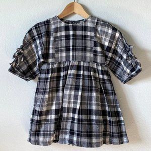 ZARA Girls Sz 6 100% Cotton Black White Plaid Kid’s Casual Dress 3/4 Sleeves